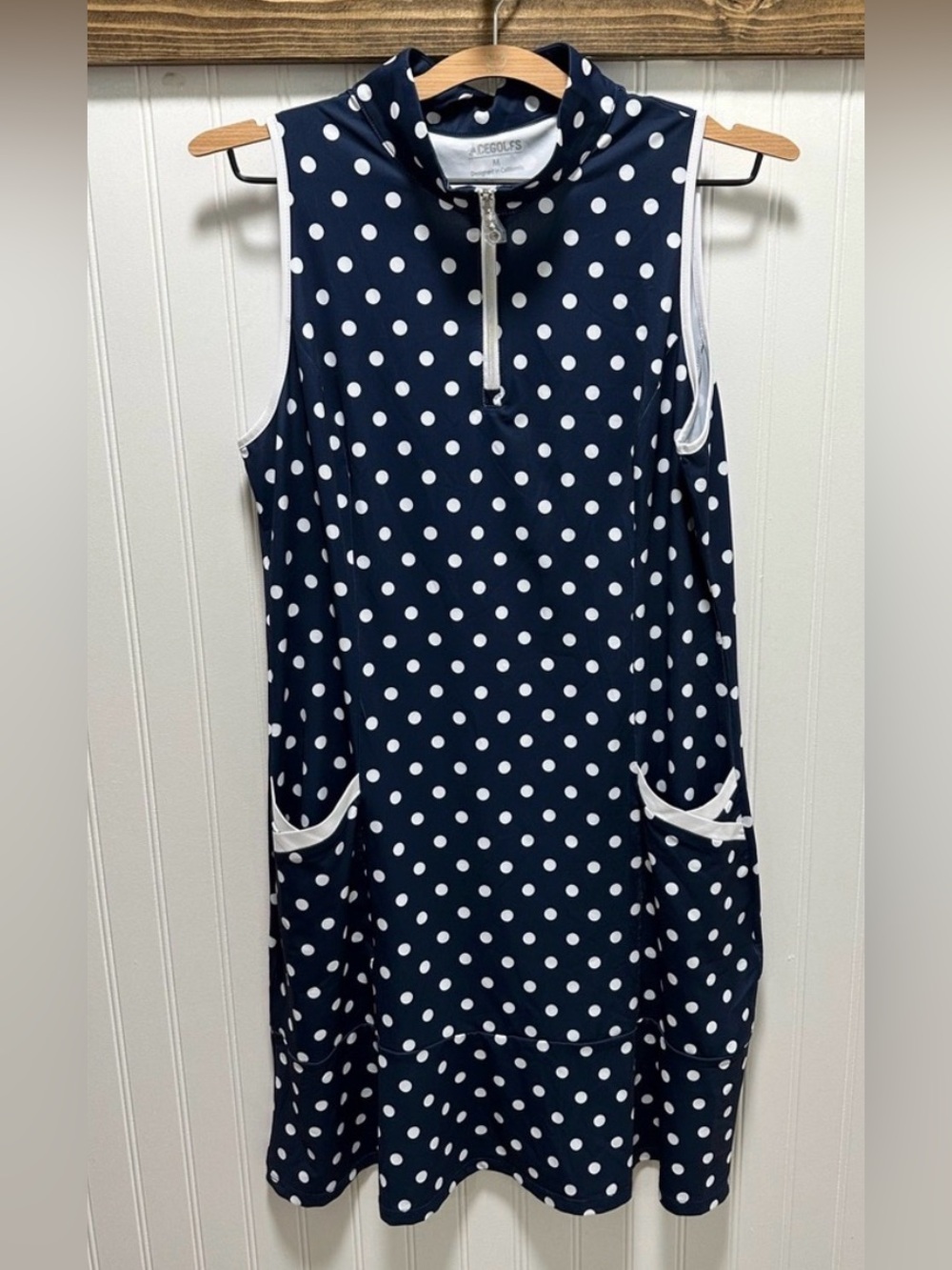 Acegolfs Sleeveless Navy Polka Dot Midi Dress Sz m Zip Ruffle Collar golf